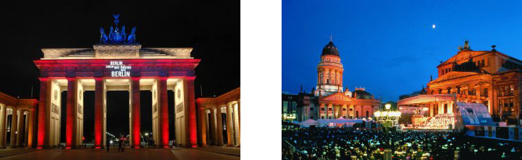 V.l.n.r.: Festival of Lights © Festival of Lights (Berlin Tourismus Marketing GmbH) und Classic Open Air am Gendarmenmarkt© Martin Kirchner (Berlin Tourismus Marketing GmbH)