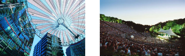 V.l.n.r.: Sony Center © Dirk Hasskarl (Berlin Tourismus Marketing GmbH) und Waldbühne © Dirk Hasskarl (Berlin Tourismus Marketing GmbH)
