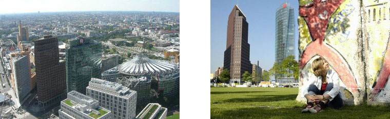 V. l. n. r.: Potsdamer Platz © visitBerlin.de / Drewes (Berlin Tourismus Marketing GmbH) und Mauerrest © Claudio und Marco Fragasso (Berlin Tourismus Marketing GmbH)