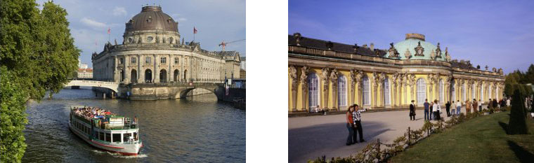 V. l. n. r.: Bode Museum, Staatliche Museen zu Berlin  © Berlin Partner GmbH  Scholvien (Berlin Tourismus Marketing GmbH) und Sanssouci F0015355 © Hans Bach –SPSG (Stiftung Preußische Schlösser und Gärten)