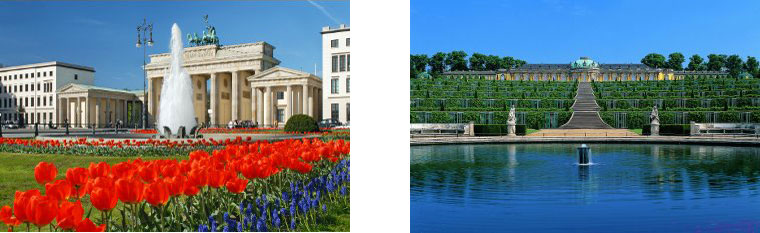 V. l. n. r.: Brandenburger Tor © Norbert Meise (Berlin Tourismus Marketing GmbH) und Schloss Sanssouci mit Terrasse © SPSG (Stiftung Preußische   Schlösser und Gärten)